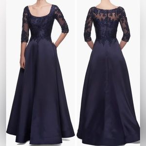 LA FEMME Three Quarter Sleeve Gown Lace Sheer in Navy Size 18